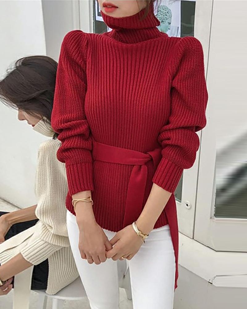 

Plain High Neck Long Sleeve Sweater, Red