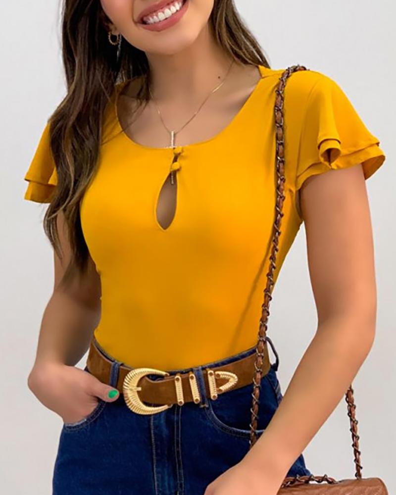 

Cutout Front Ruffle Hem Short Sleeve T-Shirt, Yellow