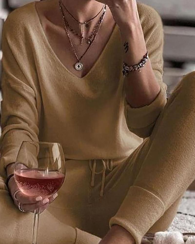 

V-Neck Drawstring Long Sleeve Casual Pajamas Set, Khaki