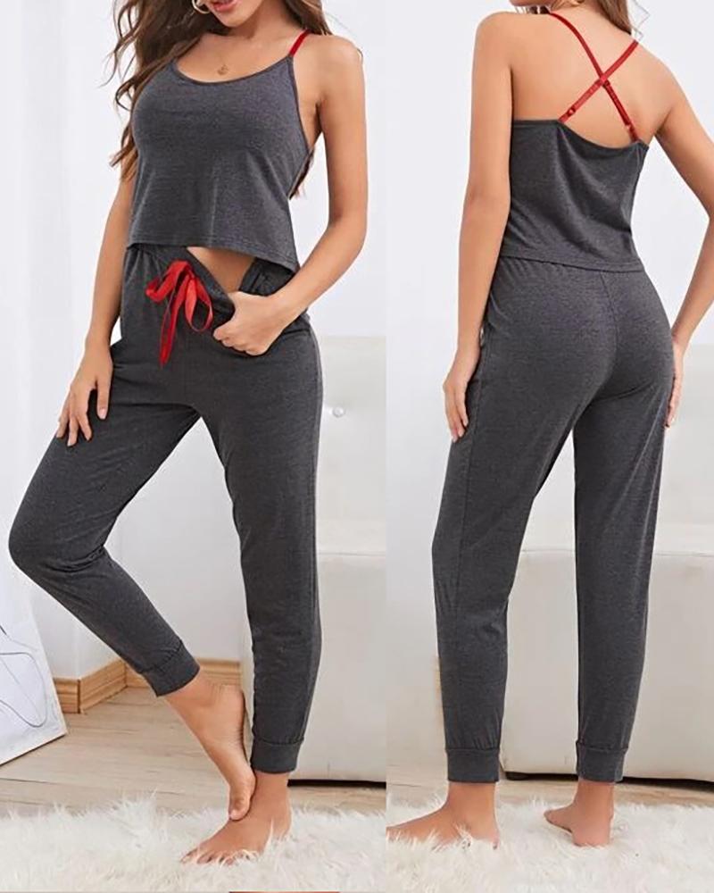 

Backless Drawstring Waist Cami Pajamas Set, Dark grey