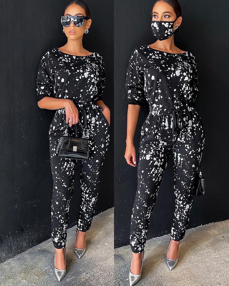 

Colorblock Long Sleeve Top & Drawstring Pants Set, Black