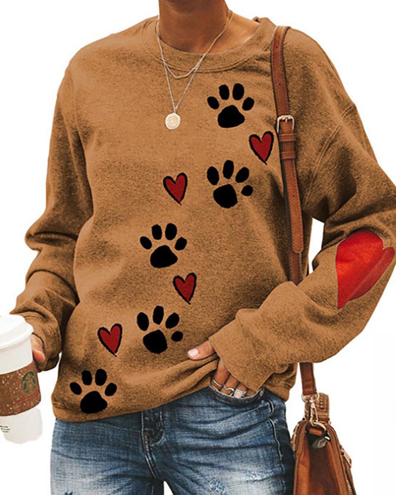 

Cat Paw Heart Print Long Sleeve Sweatshirt, Khaki