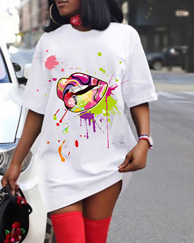 

White Casual Print Split Joint O Neck Lip Print Straight Dress