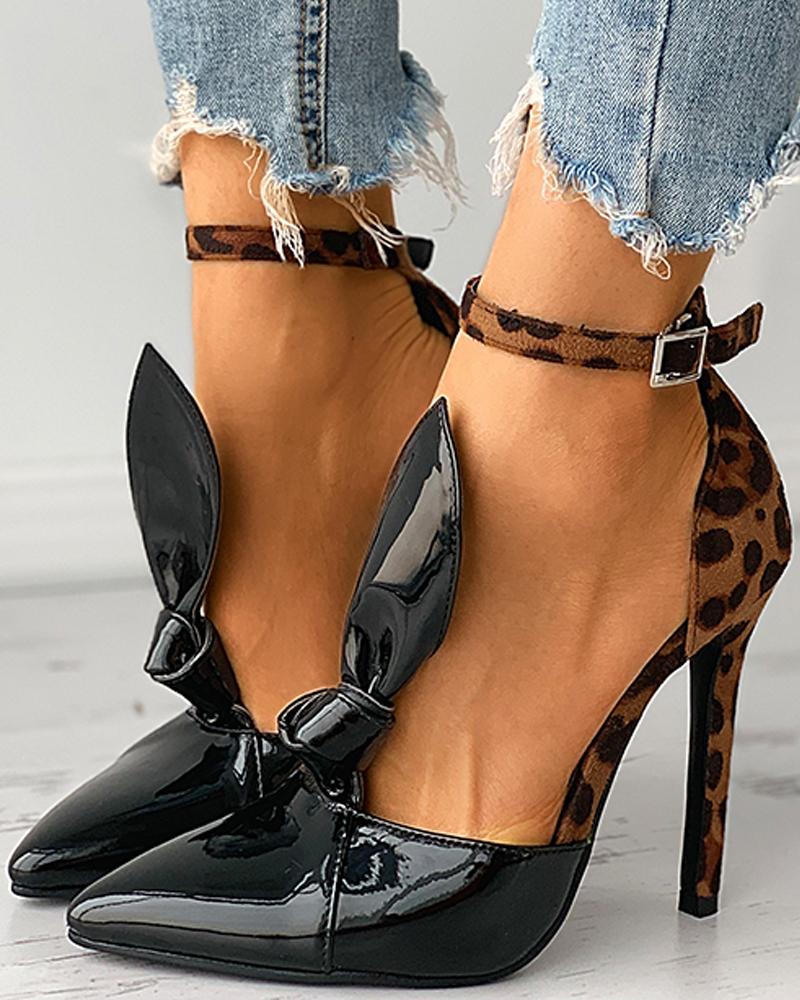 

Cheetah Print PU Bowknot Stiletto Heel, Black