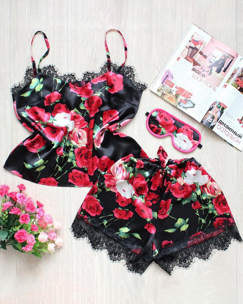 

Floral Print Lace Trim Cami Set, Red