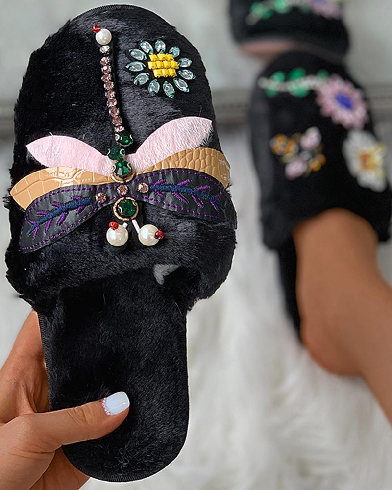 

Floral Pattern Rhinestone Fluffy Slippers, Black