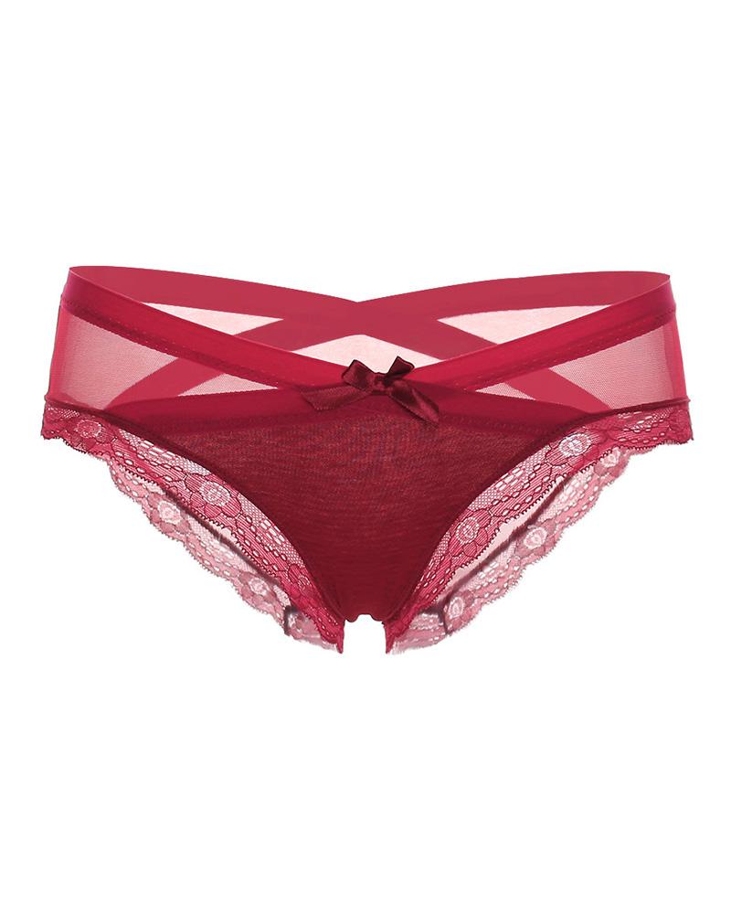 

Lace Trim Sheer Mesh Bowknot Panty, Red