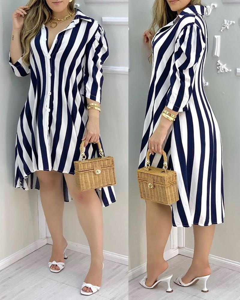 

Striped Colorblock Dip Hem Shirt Dress, Purplish blue