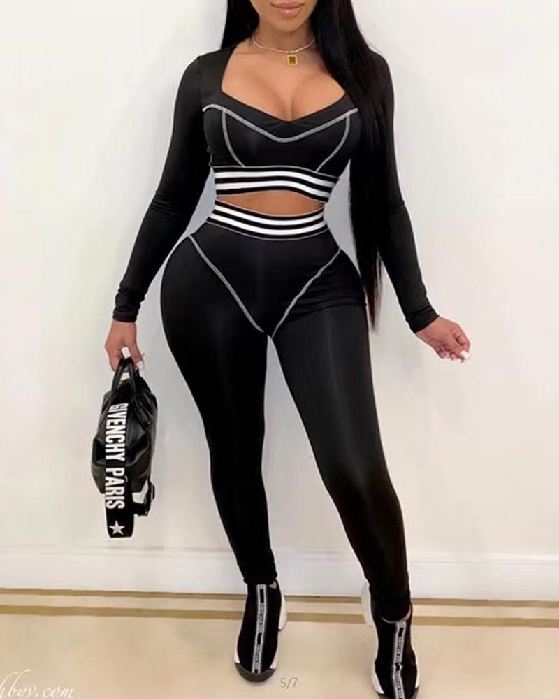 

Striped Colorblock Crop Women Top & Skinny Pants Set, Black