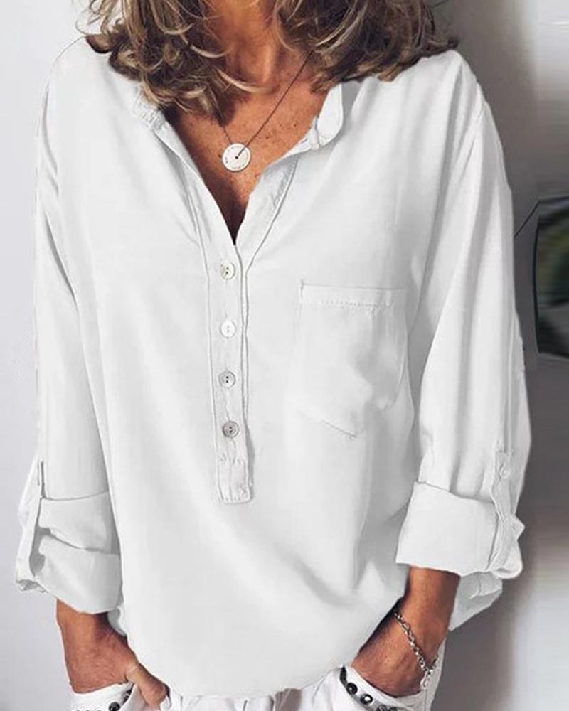 

Long Sleeve Solid Half Button Blouse, White
