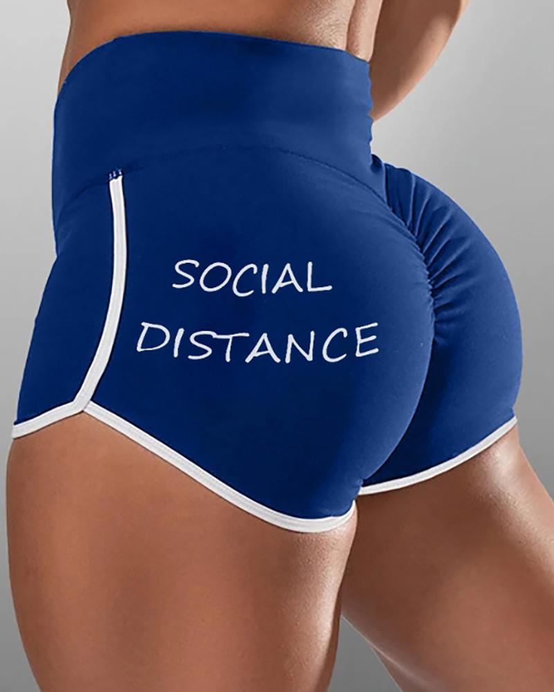 

Letter Print High Waist Active Shorts, Dark blue