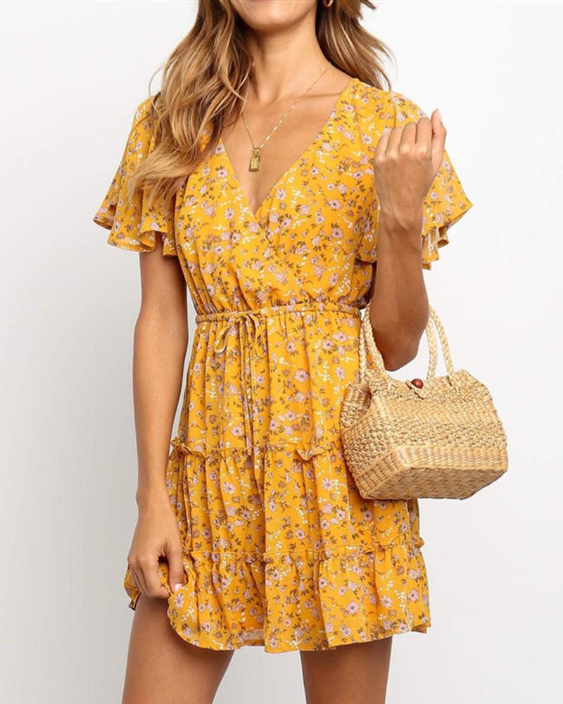 

Floral V-Neck Smock Dress, Yellow