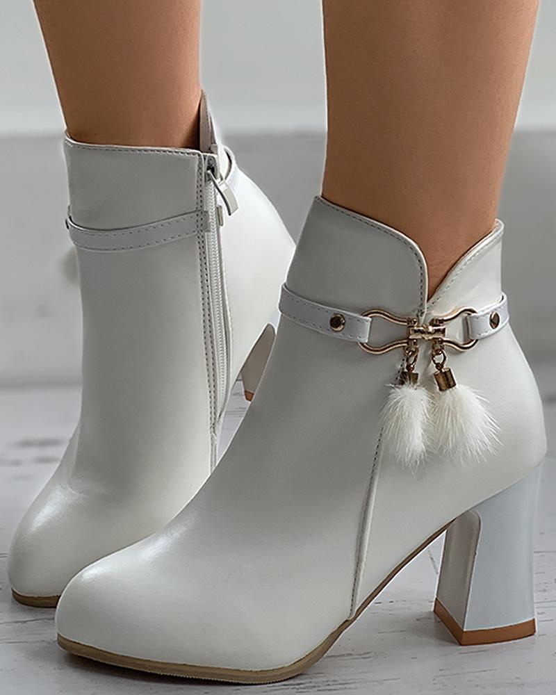 

Buckle Pom Pom Zip Chunky Boots, White
