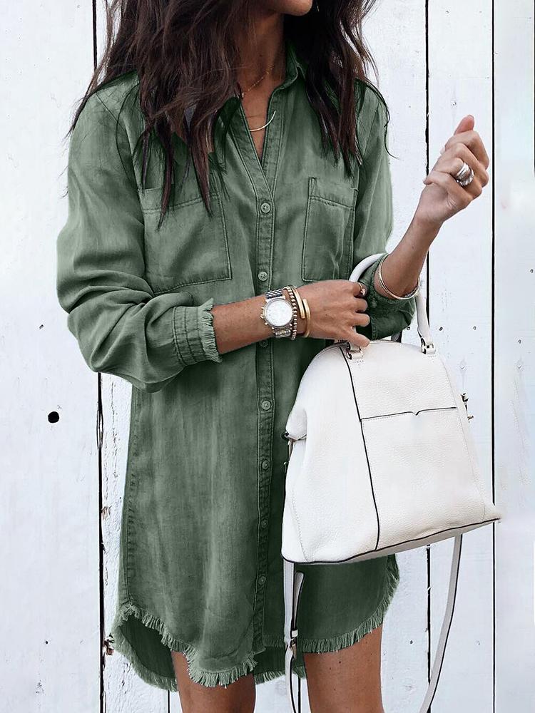 

Denim Frayed Hem Long Sleeve Shirt Dress, Green