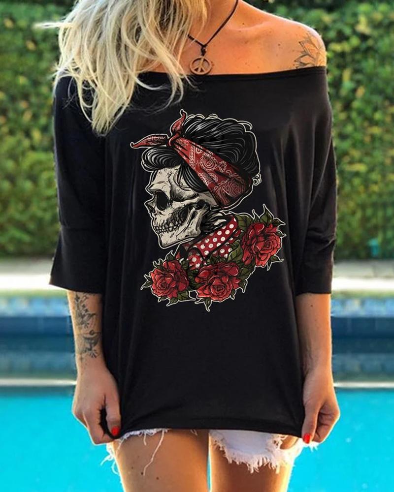 

Skull Floral Print Off Shoulder T-shirt, Black