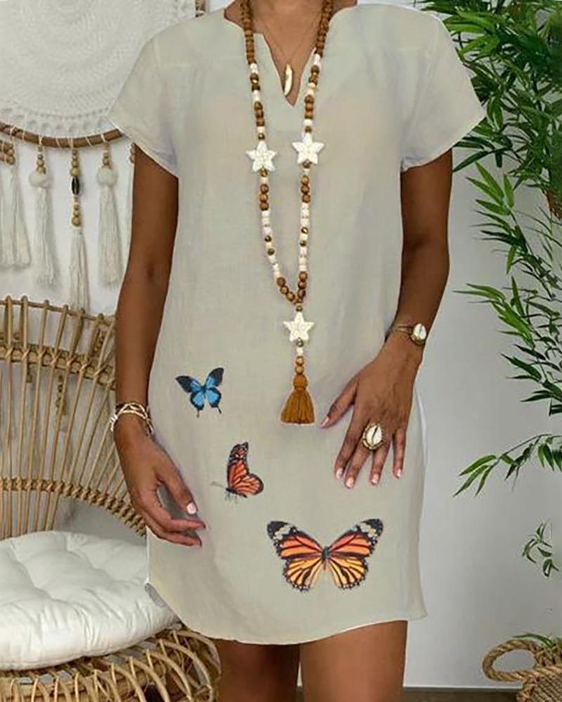 

Butterfly Print Short Sleeve Casual Dress, Gray
