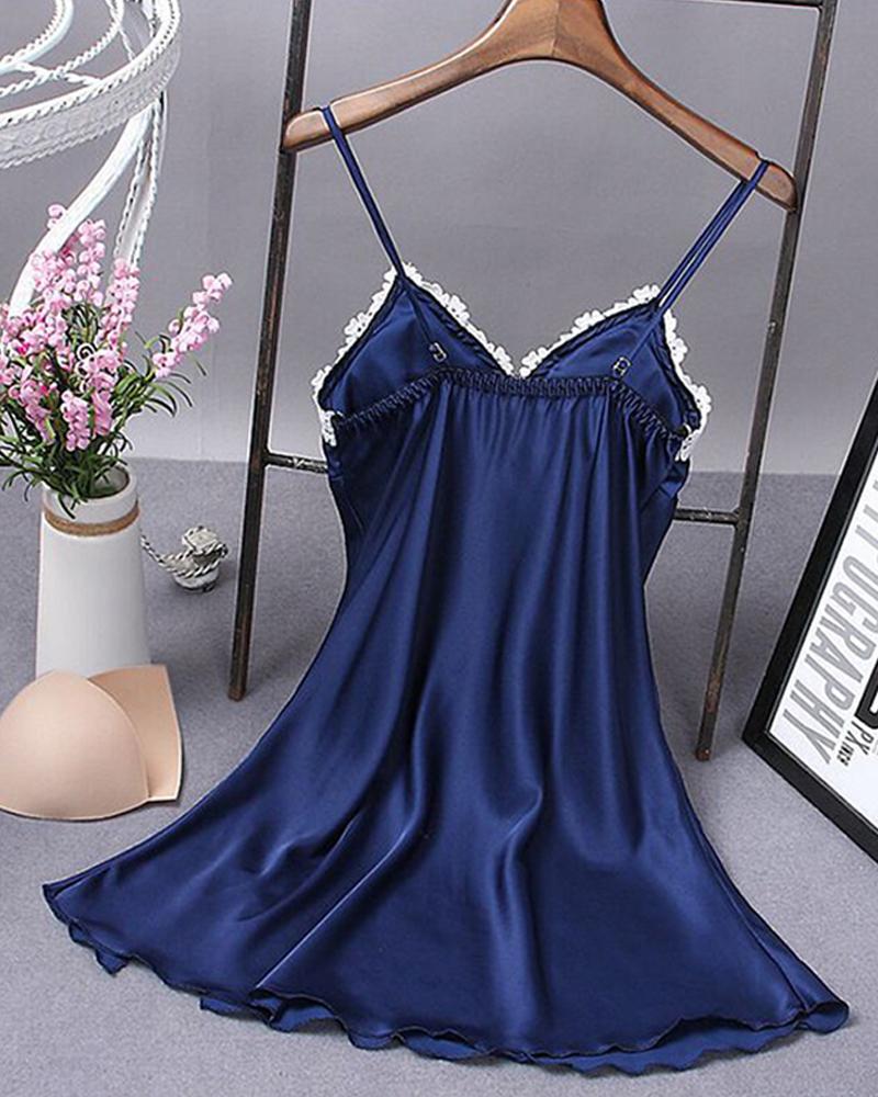 

Lace Trim Satin Cami Babydoll, Blue
