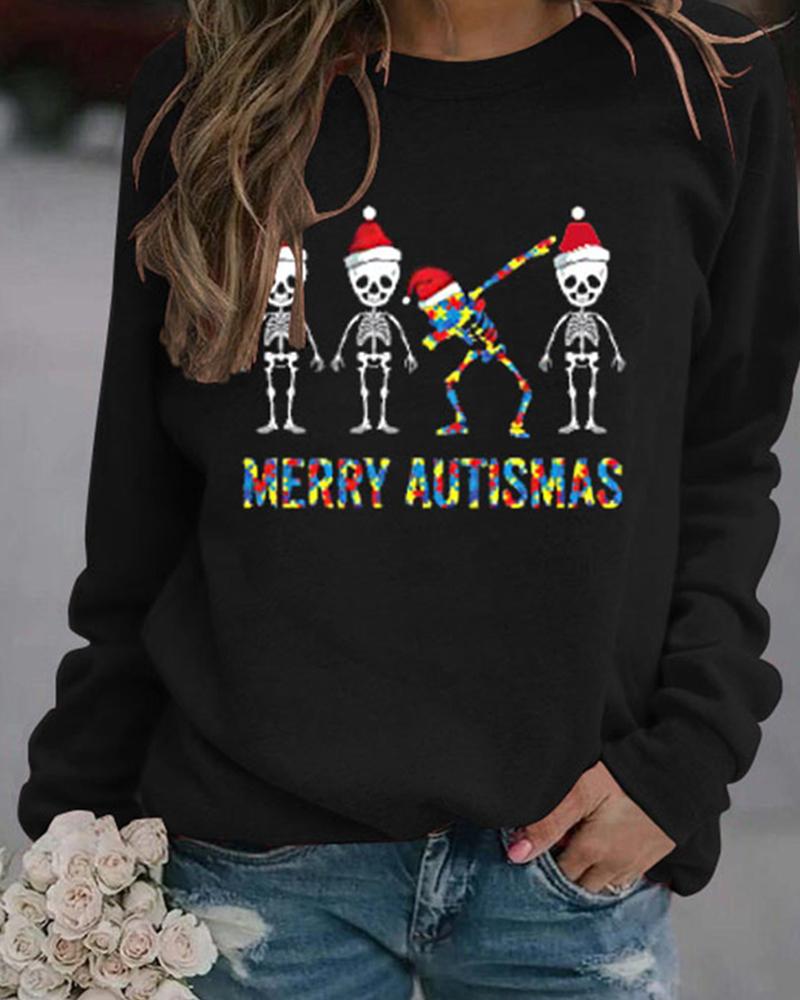 

Christmas Skull Letter Print Long Sleeve Sweatshirt, Black