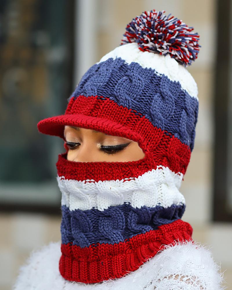 

2 In 1 Pom Pom Colorblock Knit Beanie, Blue