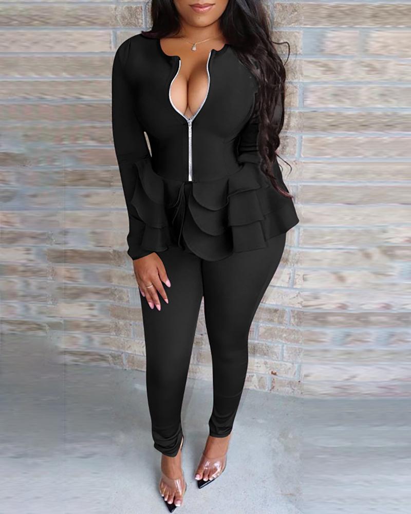 

Solid Zipper Design Layered Ruffles Top & Pants Sets, Black