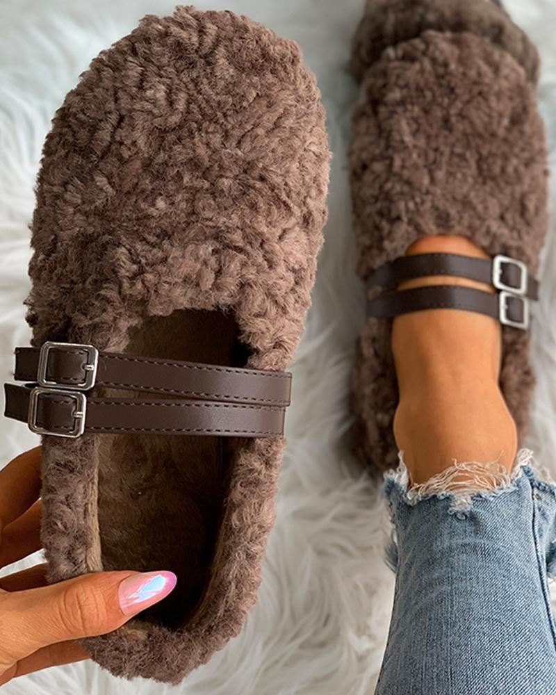 

Double Strap Buckled Fluffy Shoes, Brown