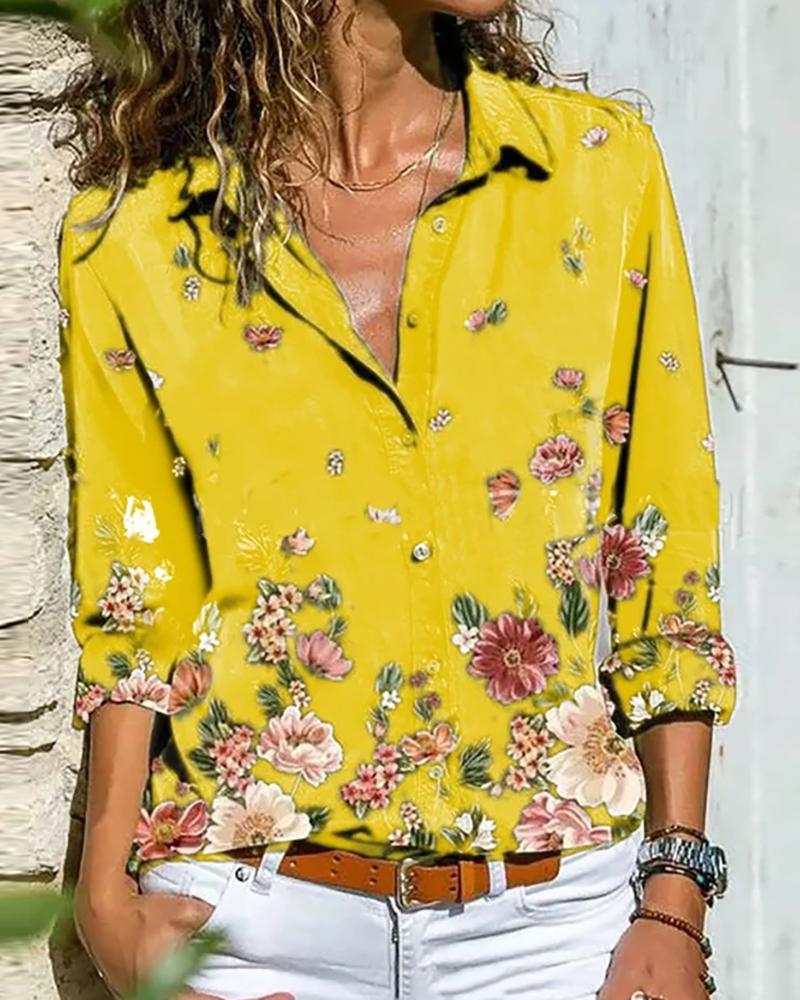 

Floral Print Button Design Long Sleeve Shirt, Yellow