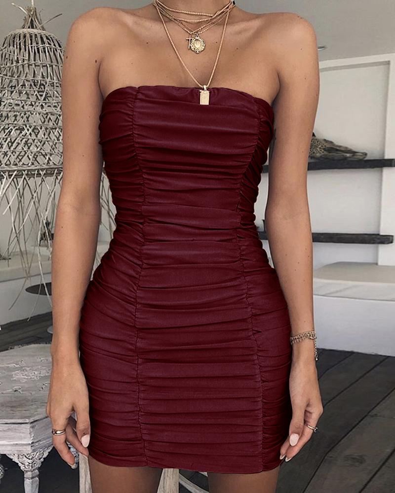 

Sleeveless Tube Ruched MiniDress, Wine red