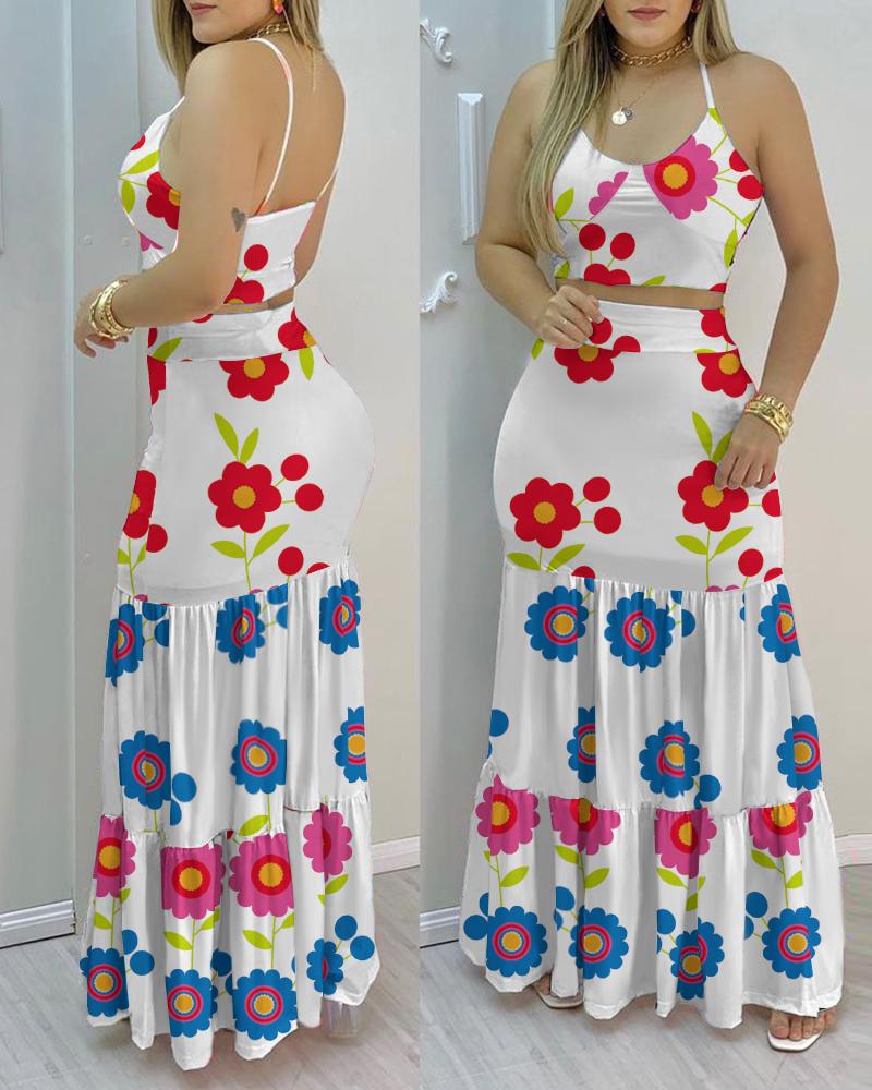 

Floral Print Backless Cami Crop Top & Maxi Skirt Sets, White