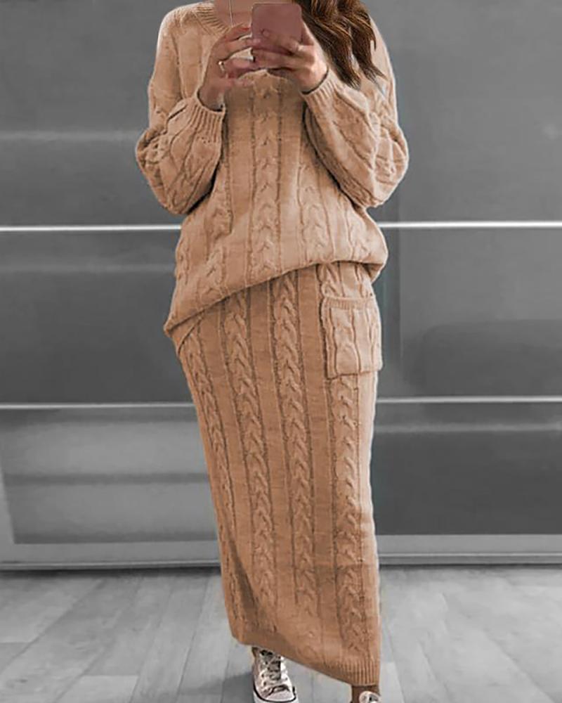 

Cable Knit Long Sleeve Top & Skirt Set, Khaki