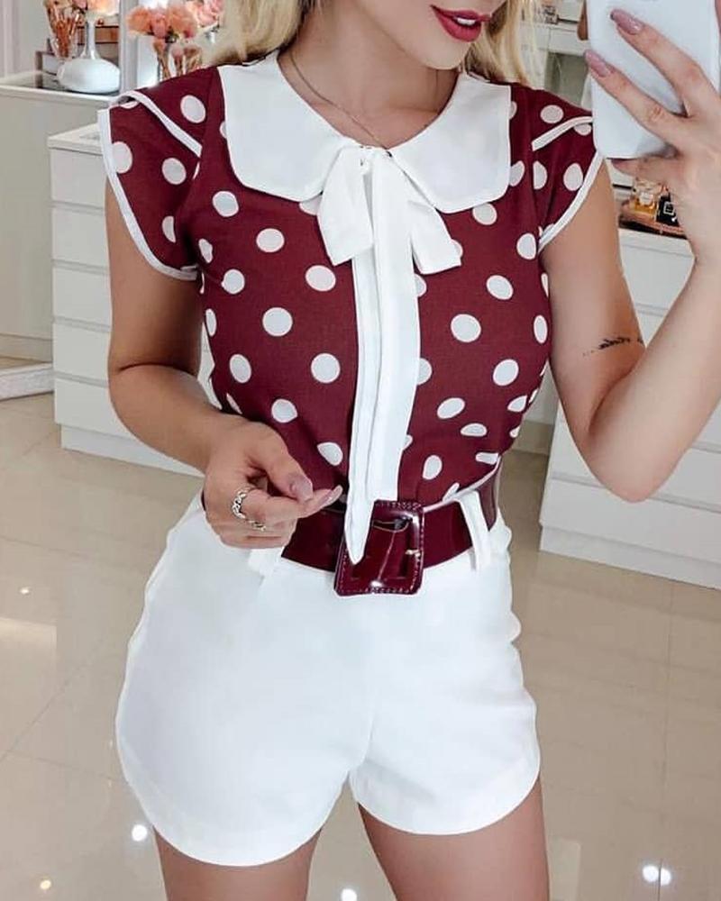

Peter Pan Collar Dot Print Casual Blouse, Wine red