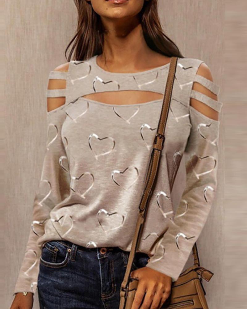 

Heart Print Cutout Front Cold Shoulder Top, Khaki