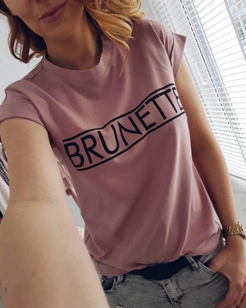 

Letter Print Short Sleeve Casual T-shirt, Pink