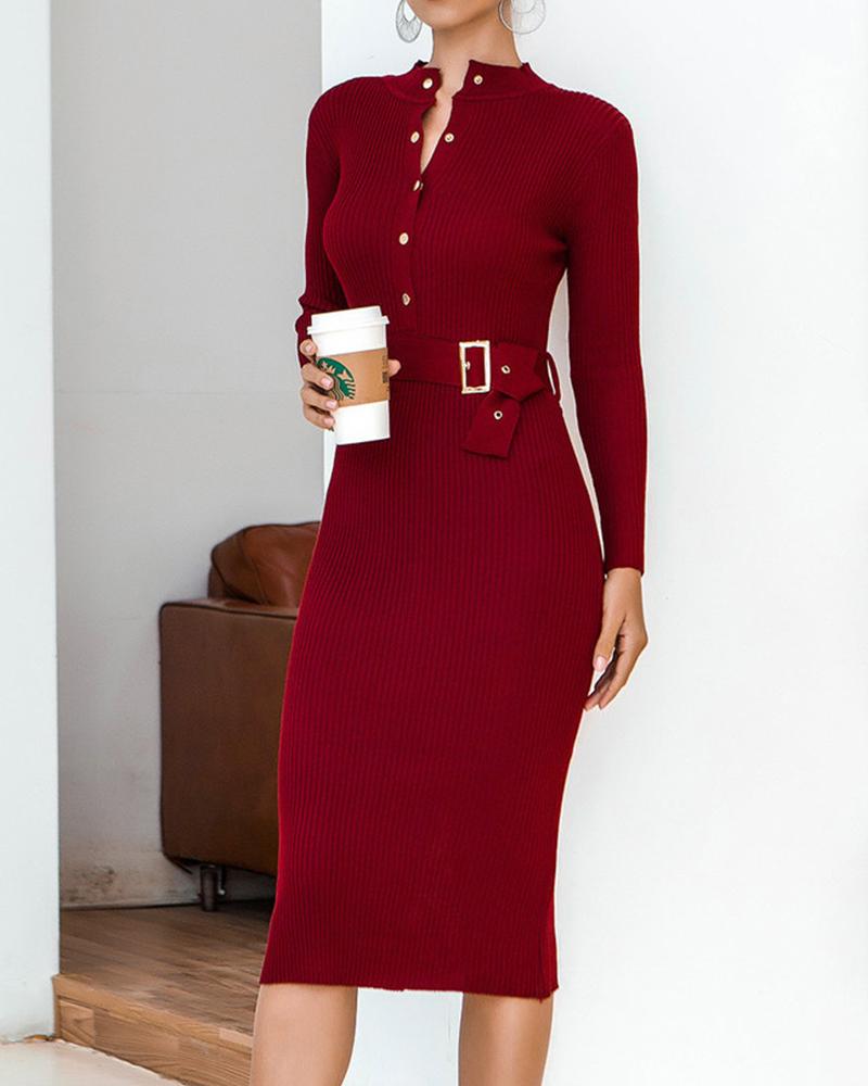 

Plain Button Design Long Sleeve Midi Dress, Red
