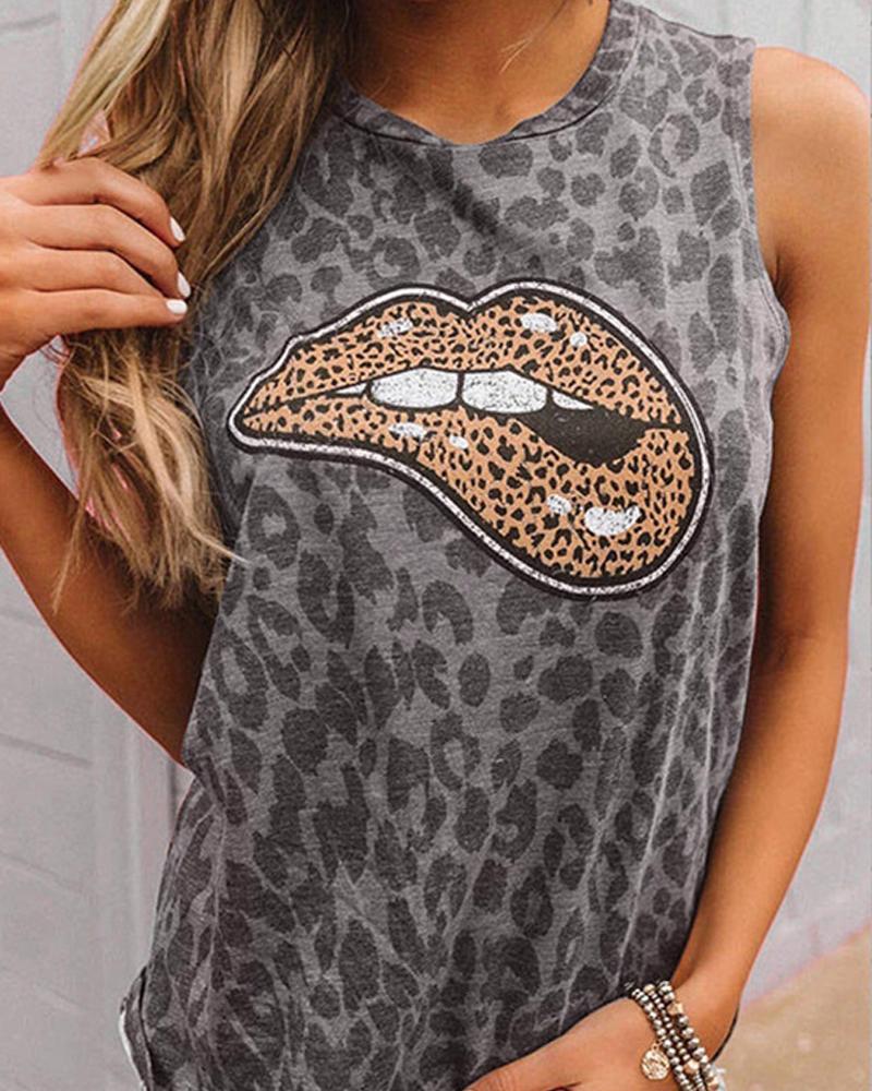 

Leopard & Lip Print Sleeveless Tank, Gray