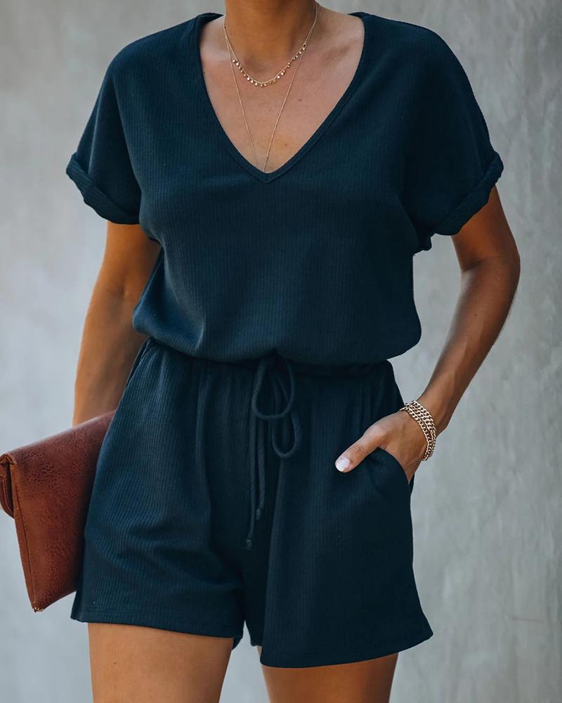 

Short Sleeve T-shirt & Pocket Design Drawstring Shorts Set, Black