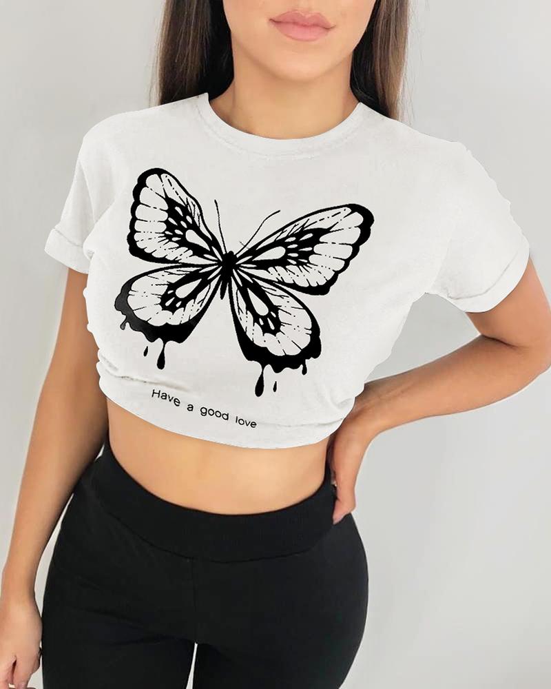 

Butterfly Print Short Sleeve T-shirt, White