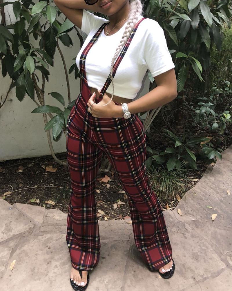 

Tie Dye / Plaid Print Bootcut Suspender Pants, Red