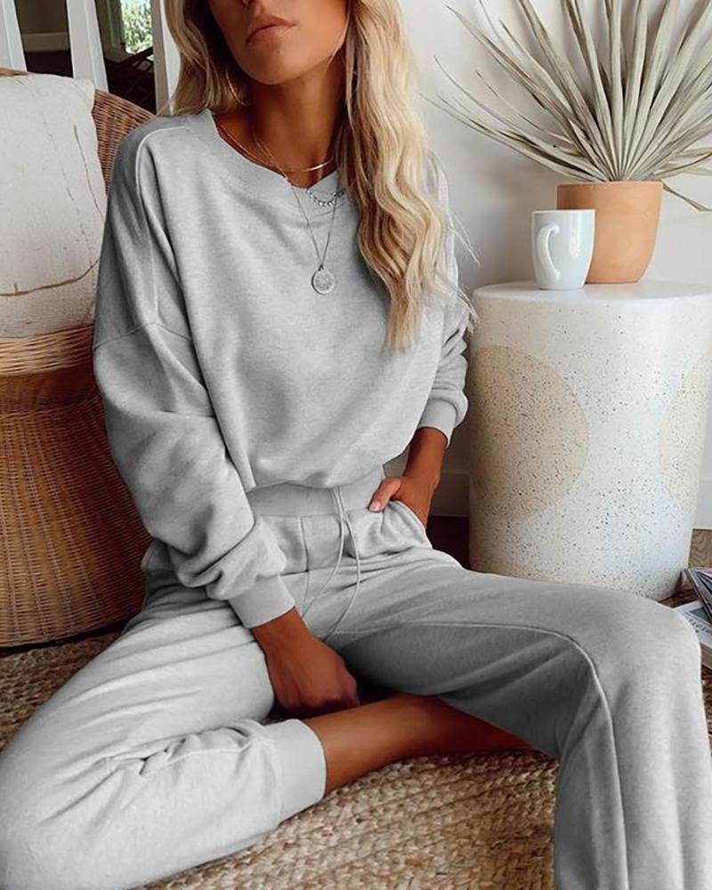 

Plain Long Sleeve Top & Drawstring Pants Set, Gray