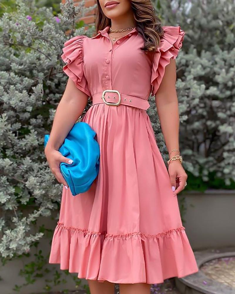 

Ruffle Hem Design Plain Flared Dress With Belt, Pink