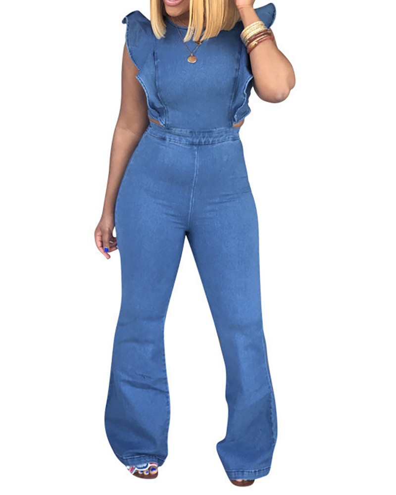 ruffle sleeve denim jumpsuit