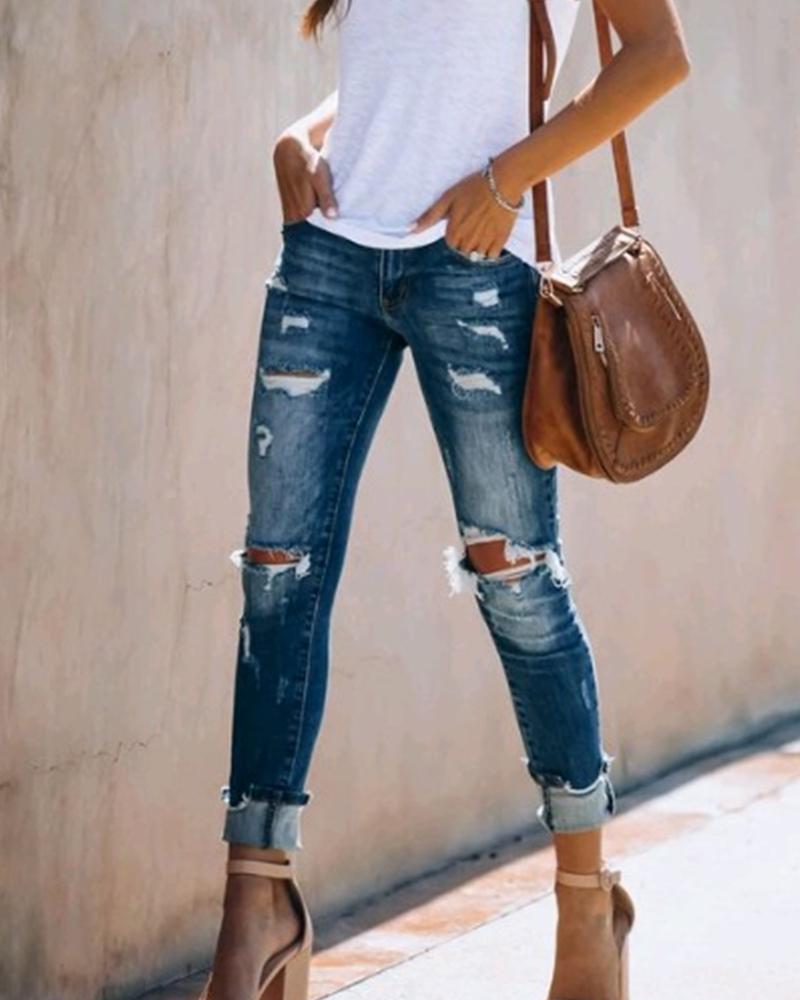 

Solid Washing Effect Ripped Slim Denim Pants, Blue