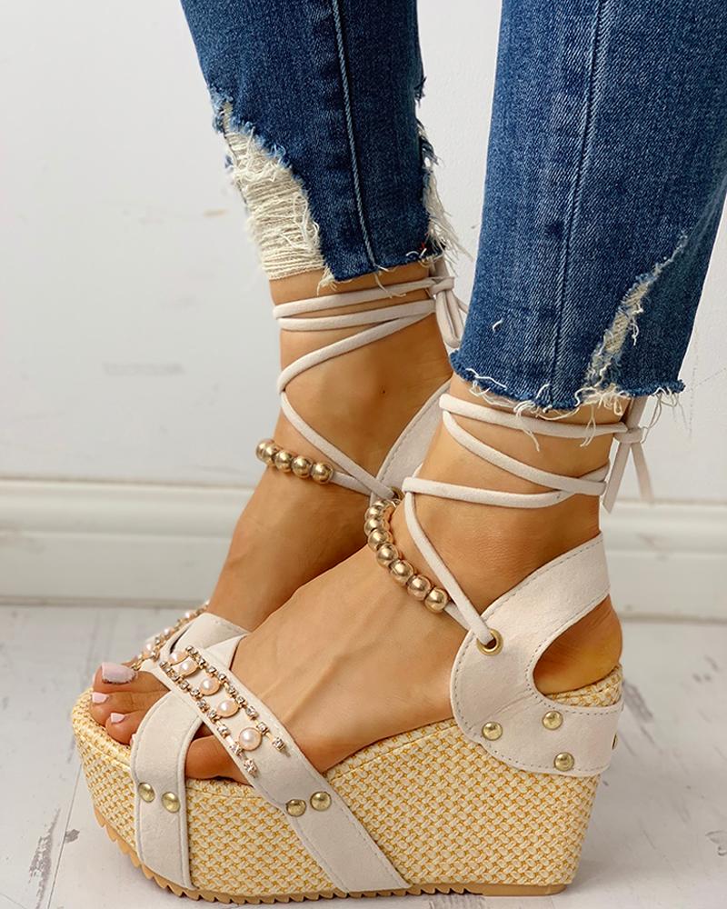 

Beaded Lace-up Platform Espadrille Wedge Sandals, Beige