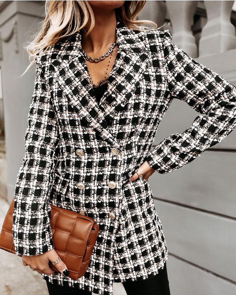 

Tweed Plaid Print Double Breasted Blazer Coat, Black&white