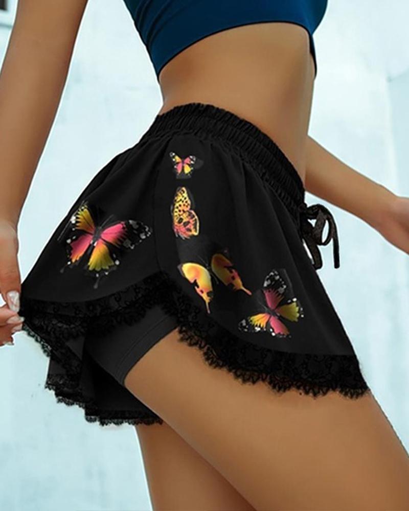 

Butterfly Print Drawstring Waist Lace Trim Shorts, Black