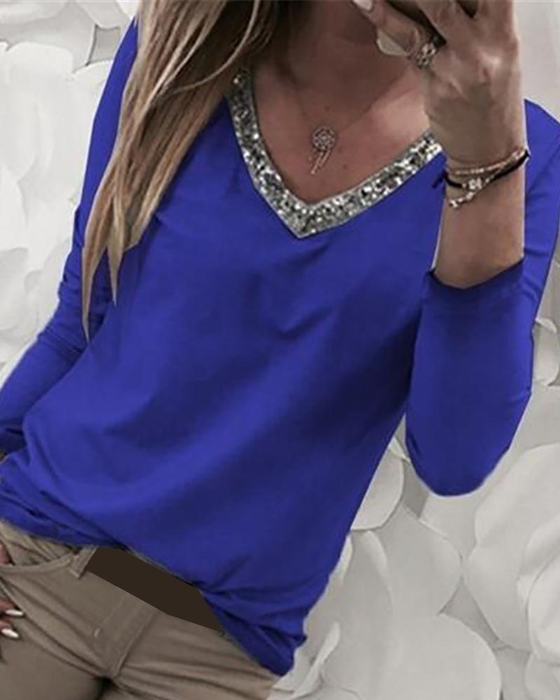 

V-Neck Sequins Long Sleeve Blouse, Blue