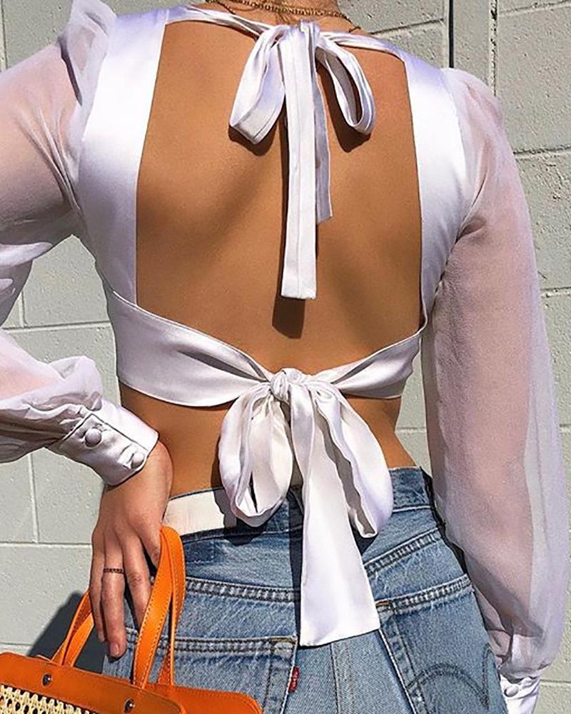 

Tied Detail Sheer Mesh Backless Corset Crop Top, White
