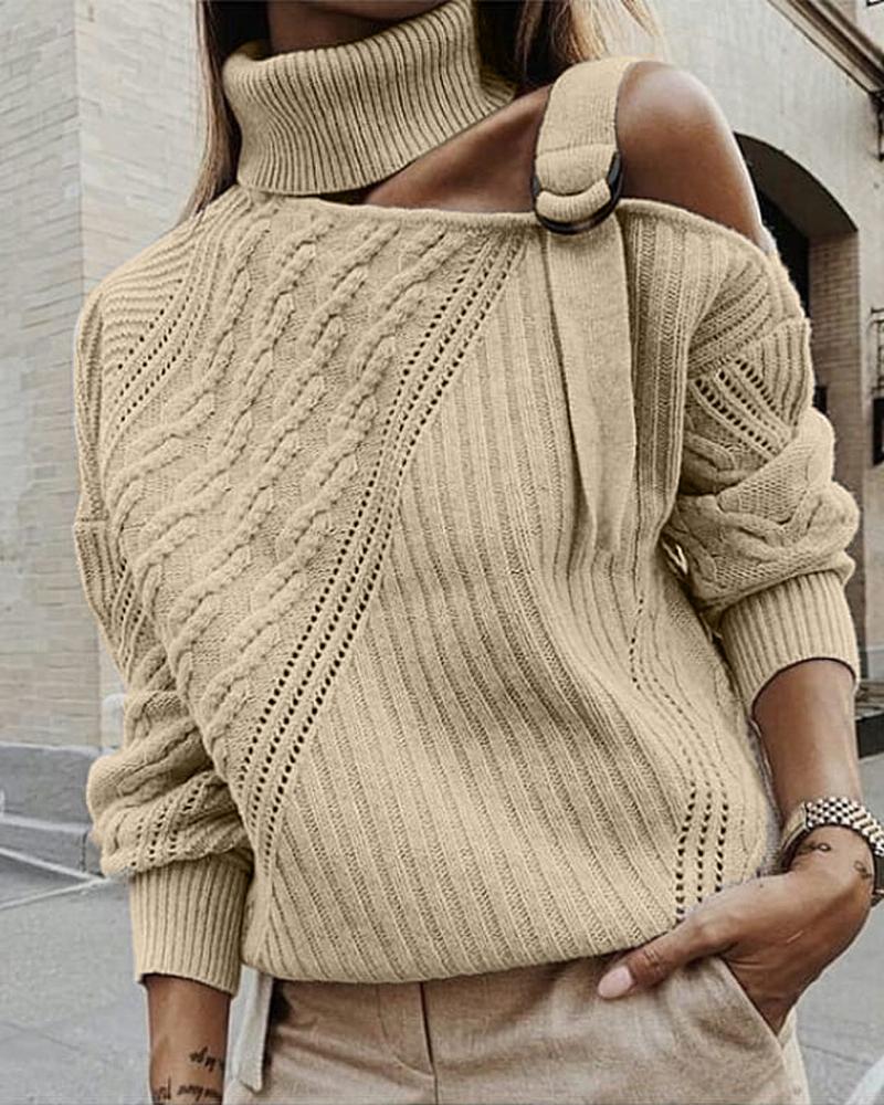 

High Neck Cold Shoulder Hollow Out Sweater, Khaki