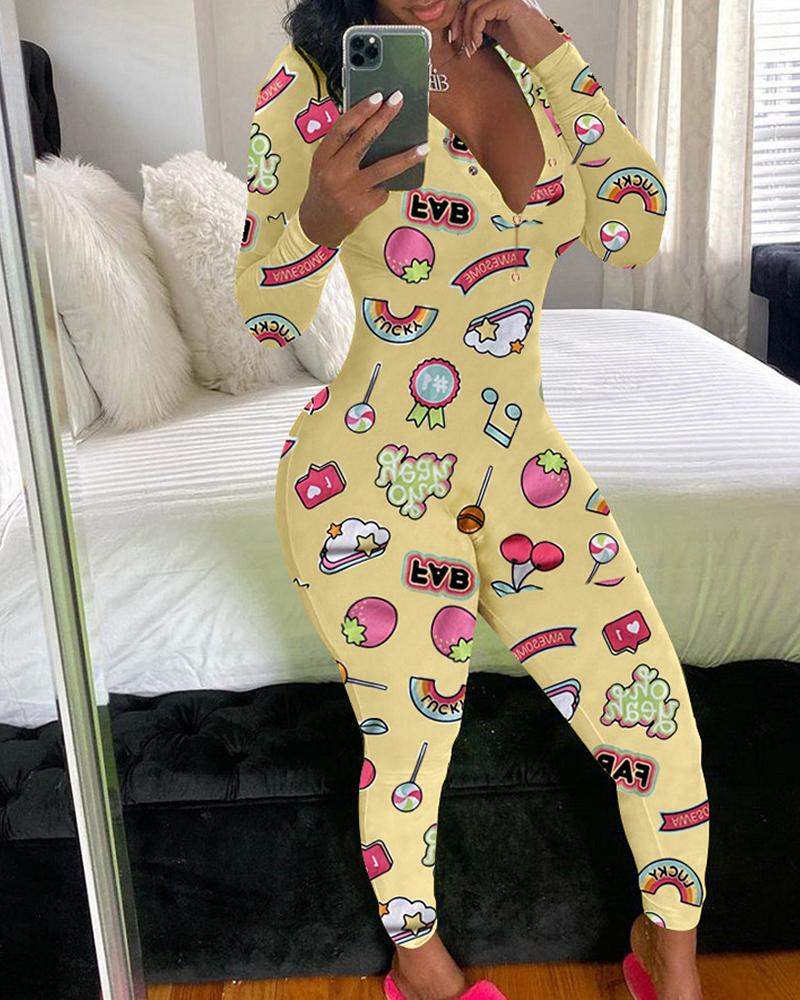 

Butterfly / Cartoon / Heart / Letter Print Buttoned Jumpsuit, Style4