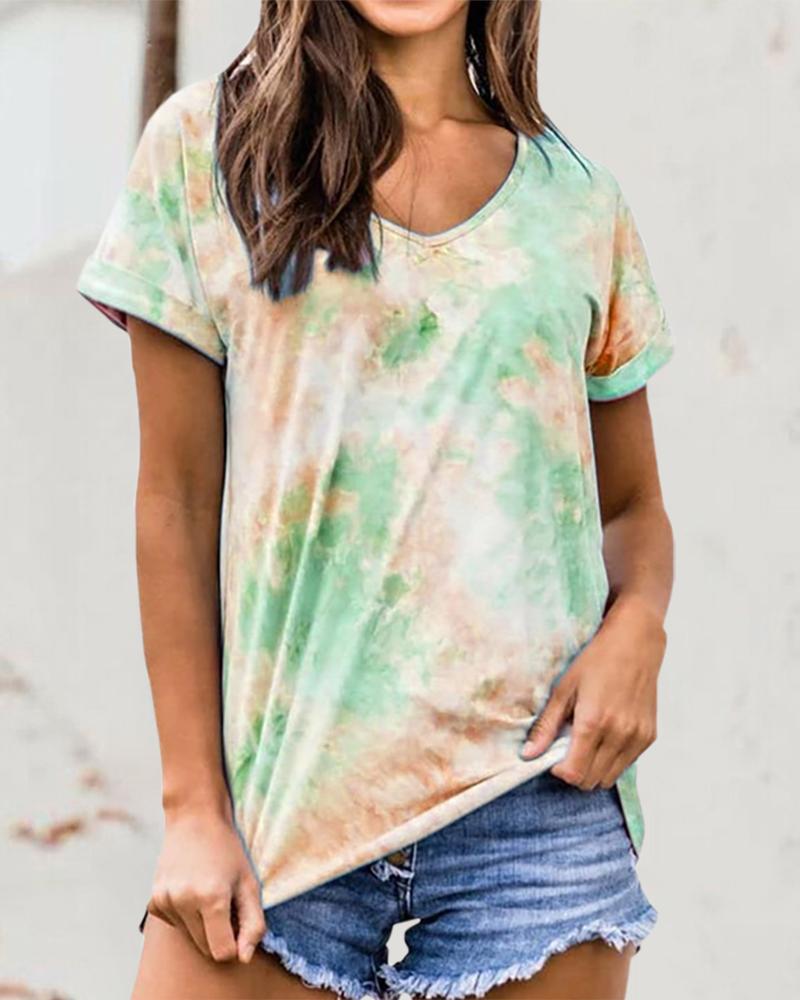 

V-neck Tie Dye Print T-shirt, Khaki