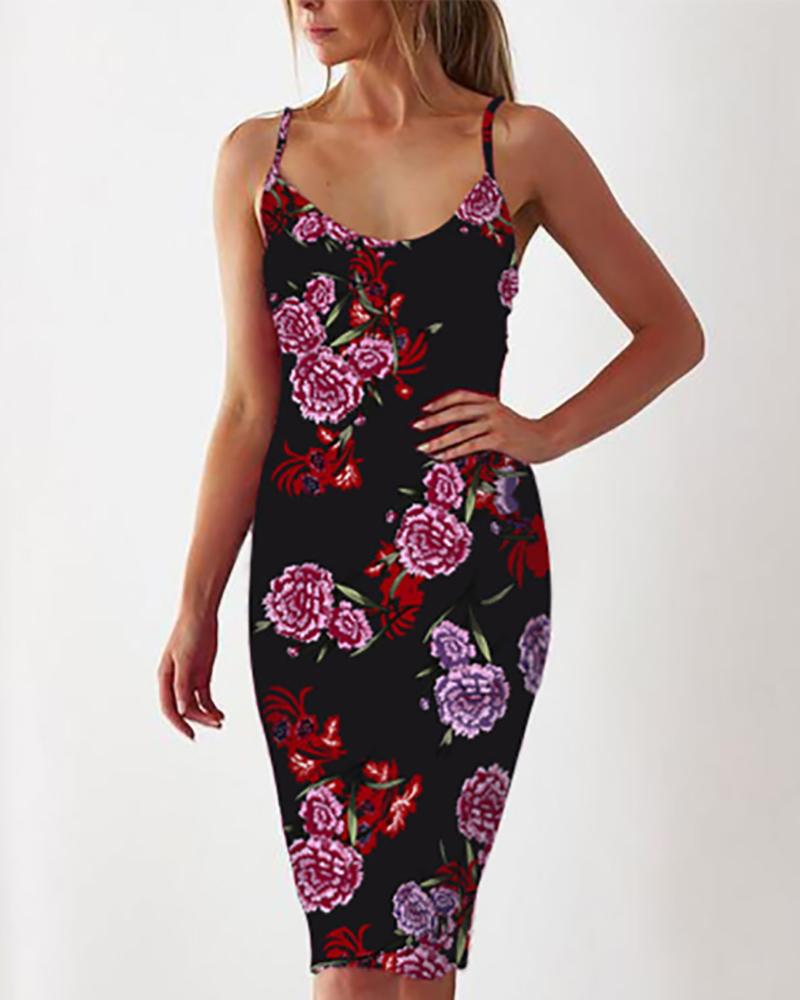 

Summer Women Floral Print Bodycon Dress, Black